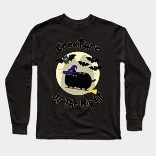 Creature of the Night Black Cat Witch in Full Moon Long Sleeve T-Shirt